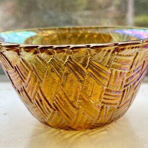 antique Indian weavetex woven basket iridescent marigold Carnival glass bowl
